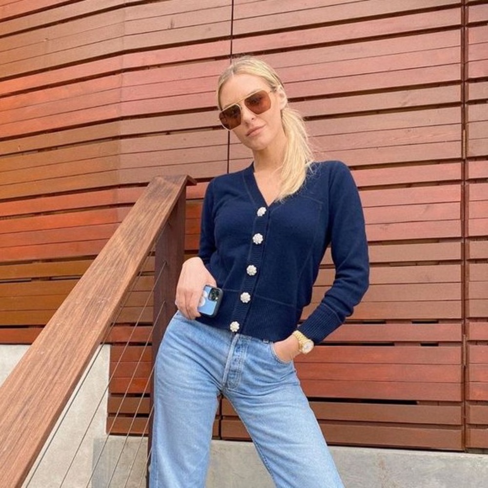 GANNI crystal embellished navy cashmere cardigan